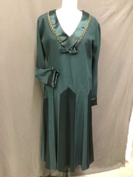 Womens, Dress, N/L, Green, Synthetic, Solid, B 38, (Matte and Shiny), Wide V-neck Collar Attached W/sheer Black Lace, Gold Zigzag & Chain Link Trim, Long Sleeves Rolled Over, Godets, Pullover,