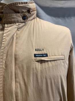 Mens, Windbreaker, MEMBERS ONLY, Brown, Poly/Cotton, 46, XL, Hood Tucked Into C.A., Snap Tab At Neck, "Kelly" Embroidered On Chest, Zip Front, 2 Pockets, Rib Knit Waist & Cuffs