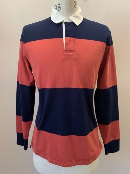 J CREW, Navy Blue, Raspberry Pink, White, Cotton, Stripes - Horizontal , L/S, Collar Attached, 3 Buttons