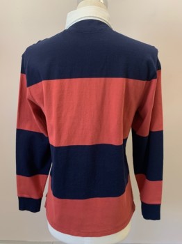 J CREW, Navy Blue, Raspberry Pink, White, Cotton, Stripes - Horizontal , L/S, Collar Attached, 3 Buttons