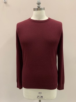 Mens, Pullover Sweater, LAND'S END, Maroon Red, Cashmere, Solid, M, CN,