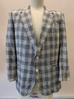 SAN GIORGIO, Ivory White, Steel Blue, Silk, Linen, Check , 2 Buttons, Single Breasted, Notched Lapel, 3 Pockets,