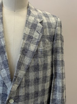 Mens, Jacket, SAN GIORGIO, Ivory White, Steel Blue, Silk, Linen, Check , 44R, 2 Buttons, Single Breasted, Notched Lapel, 3 Pockets,