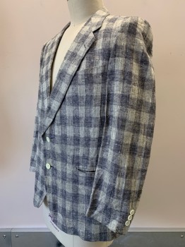 Mens, Jacket, SAN GIORGIO, Ivory White, Steel Blue, Silk, Linen, Check , 44R, 2 Buttons, Single Breasted, Notched Lapel, 3 Pockets,