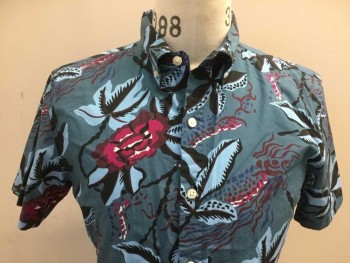 Mens, Hawaiian Shirt, BONOBOS, Steel Blue, Fuchsia Pink, Brown, Black, Baby Blue, Cotton, Floral, S, C.A., B.F., S/S