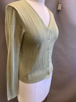 EMANUEL, Khaki Brown, Silk, Bamboo, Solid, Lace Knit, V-neck, Cardigan, Long Sleeves,