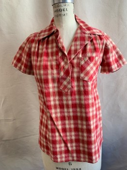 Womens, Shirt, N/L, Red, Sand, Cotton, Plaid, B 34, Pullover, Collar Attached, Open 1/4 Front Placket, 1 Patch Pocket, Short Sleeves, Multiple