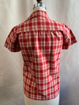 Womens, Shirt, N/L, Red, Sand, Cotton, Plaid, B 34, Pullover, Collar Attached, Open 1/4 Front Placket, 1 Patch Pocket, Short Sleeves, Multiple
