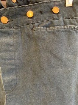 NL, Faded Black, Cotton, Solid, Button Front, 3 Pockets, Metal Suspender Buttons, Back Half Belt (missing Buckle), 1 Back Pocket, Long Stirrups