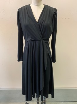 JT PETITES, Black, Polyester, Solid, L/S, Surplice V Neck, Pleated at Shoulders, Crossover/Wrapped Front, Knee Length