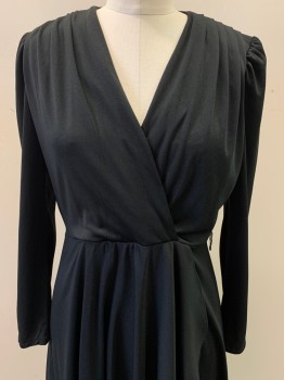 JT PETITES, Black, Polyester, Solid, L/S, Surplice V Neck, Pleated at Shoulders, Crossover/Wrapped Front, Knee Length