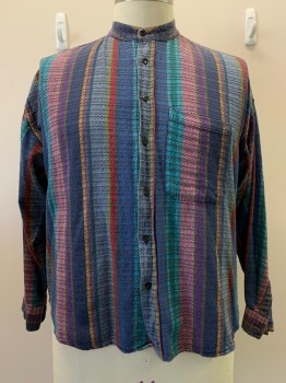 PROTEST BLUES, Steel Blue, Red, Purple, Pink, Turquoise Blue, Cotton, Stripes - Vertical , S/S, Button Front, Collar Band, Chest Pocket