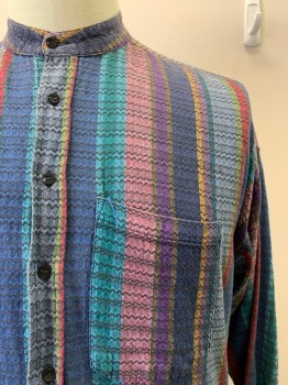 PROTEST BLUES, Steel Blue, Red, Purple, Pink, Turquoise Blue, Cotton, Stripes - Vertical , S/S, Button Front, Collar Band, Chest Pocket