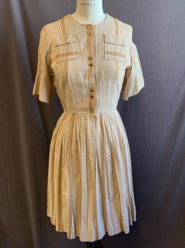 N/L, Tan Brown, White, Cotton, Gingham, Stripes, Tan and White Gingham Plaid with Think Tan Stripes, White Stitching, Short Sleeves, 2 Pockets, 6 Gold Buttons Down Front, 3 Snaps Down Front, Pleated Skirt