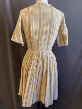 N/L, Tan Brown, White, Cotton, Gingham, Stripes, Tan and White Gingham Plaid with Think Tan Stripes, White Stitching, Short Sleeves, 2 Pockets, 6 Gold Buttons Down Front, 3 Snaps Down Front, Pleated Skirt