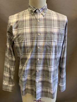 Mens, Casual Shirt, J CREW, Lt Gray, Red Burgundy, White, Black, Cotton, Plaid, L, Long Sleeves, Button Front, Collar Attached, Button Down Collar, 1 Patch Pocket, Slim Fit