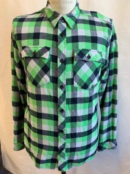 Mens, Casual Shirt, RUSTY, Neon Green, Black, Lt Gray, Cotton, Check , M, Flannel, Button Front, Button Cuff, 2 Pockets, Collar Attached, Western Back Yoke