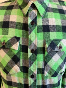 Mens, Casual Shirt, RUSTY, Neon Green, Black, Lt Gray, Cotton, Check , M, Flannel, Button Front, Button Cuff, 2 Pockets, Collar Attached, Western Back Yoke