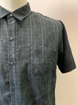 Mens, Casual Shirt, VAN HEUSEN, Charcoal Gray, Black, Polyester, Hawaiian Print, L, S/S, Button Front, Collar Attached, Chest Pocket