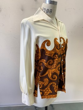 Mens, Shirt Disco, KEONE, Cream, Black, Goldenrod Yellow, Brown, Polyester, Abstract , 15, M, 32/33, Cream Shoulders with Swirled Pattern Below, L/S, B.F., V-Neck Opening with Dagger Collar, 1 Welt Pocket