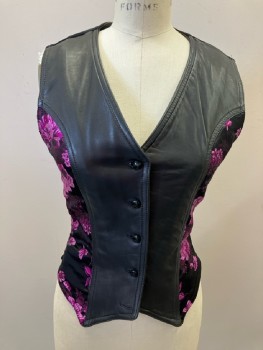Womens, Vest, VAN BUREN, M, Black Leather & Black And Purple Floral Brocade Front, Ribbed Poly Knit Back, V-N, 4 Btns, Princess Seams