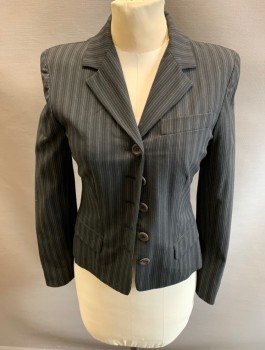 ANNE KLEIN, Black, White, Polyester, Viscose, Stripes - Pin, Notched Lapel, Single Breasted, 6 Button, 3 Pocket