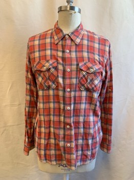 Mens, Casual Shirt, TRUE GRIT, Tomato Red, White, Red, Lt Orange, Blue, Cotton, Plaid, N 18, XL, Flannel, Button Front, Collar Attached, 2 Flp Pockets, Long Sleeves, Button Cuff