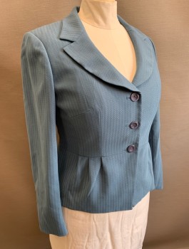 Womens, Suit, Jacket, JOHN MEYER, Slate Blue, Polyester, Solid, Sz.14, Self Zig Zag Texture, Single Breasted, 3 Buttons,  Notched Lapel, Peplum Waist with 3 Pleats at Hip, Fitted, Lightly Padded Shoulders