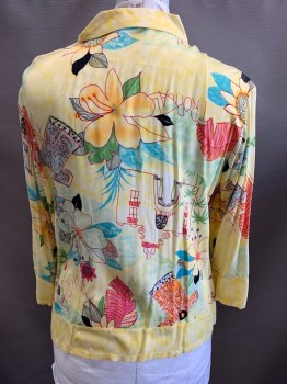 Womens, Blouse, PARADISO, Yellow, Multi-color, Rayon, Tropical , 1X, L/S, Button Front, Pearl Shell Buttons, Side Vents