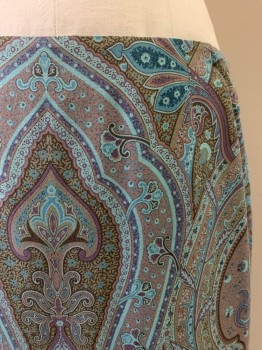Womens, Skirt, Below Knee, CHARTER CLUB, Turquoise Blue, Lt Brown, Multi-color, Rayon, Wool, Paisley/Swirls, 18, Side Zipper, Turquoise Lining, Mauve Purple, Teal Green, French Blue, Sage Green Details