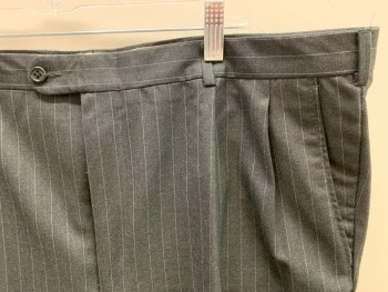 HICKEY FREEMAN, Charcoal Gray, White, Wool, Stripes - Vertical , Double Pleats, 4 Pockets, Button Tab Waistband, Belt Loops, Cuffs