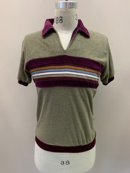 PETER B., Taupe, Maroon Red, Multi-color, Polyester, Color Blocking, Stripes, Maroon Collar, Cuffs, And Waistband, V-N, S/S, Tan, Pale Blue, White, And Beige Stripes Across Chest, Terrycloth