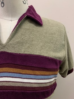 PETER B., Taupe, Maroon Red, Multi-color, Polyester, Color Blocking, Stripes, Maroon Collar, Cuffs, And Waistband, V-N, S/S, Tan, Pale Blue, White, And Beige Stripes Across Chest, Terrycloth