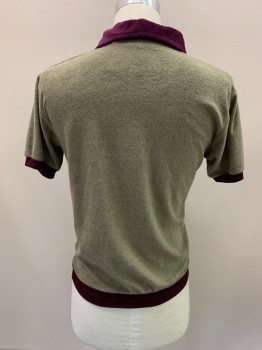 Mens, Polo Shirt, PETER B., Taupe, Maroon Red, Multi-color, Polyester, Color Blocking, Stripes, 38, M, Maroon Collar, Cuffs, And Waistband, V-N, S/S, Tan, Pale Blue, White, And Beige Stripes Across Chest, Terrycloth