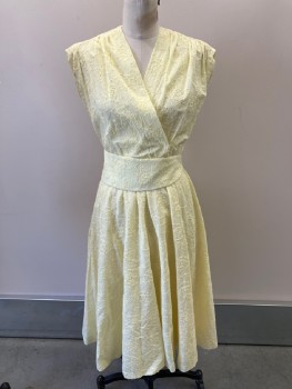 NL, Lt Yellow, Cotton, with Matching Belt, Self Floral Embroidery, Surplice Front, Elastic Waist, Cap Sleeves. Zip Back, Hem Below Knee, A-Line