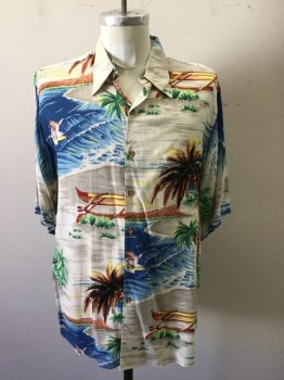 Mens, Hawaiian Shirt, REYN SPOONER, Tan Brown, Blue, Yellow, Green, Rayon, Hawaiian Print, M, Surfers and Palm Trees, Button Front, Short Sleeves, Collar Attached, Darts