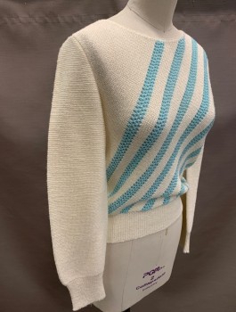 SAVION, Cream, Baby Blue, Acrylic, Polyester, Stripes - Diagonal , Knit With Striped Pattern In Front, Pullover, L/S, Round Neck, Rib Knit Waistband And Cuffs