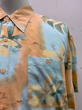 Mens, Hawaiian Shirt, BILL BLASS, Melon Orange, Dk Green, Beige, Silk, Floral, 2XL, C.A., Button Front, S/S, 1 Pocket,
