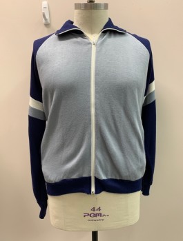 Mens, Athletic, HEAD START, Navy Blue, White, Lt Gray, Acrylic, Color Blocking, 46, L, Jacket, Zip Front, 2 Pockets,