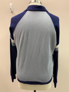 Mens, Athletic, HEAD START, Navy Blue, White, Lt Gray, Acrylic, Color Blocking, 46, L, Jacket, Zip Front, 2 Pockets,