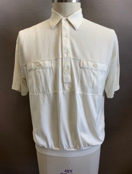 N/L, Cream, Polyester, Cotton, Solid, Jersey, S/S, 4 Button Placket, Ribbed Yoke at Shoulders, C.A, 2 Pockets, Ribbed Waistband