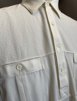 N/L, Cream, Polyester, Cotton, Solid, Jersey, S/S, 4 Button Placket, Ribbed Yoke at Shoulders, C.A, 2 Pockets, Ribbed Waistband
