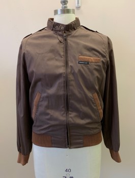 MEMBERS ONLY, Brown, Tan Brown, Polyester, Nylon, Solid, L/S, Zip Front, Collar Band, 3 Pockets