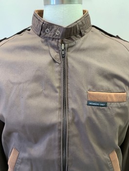 Mens, Jacket, MEMBERS ONLY, Brown, Tan Brown, Polyester, Nylon, Solid, C38, L/S, Zip Front, Collar Band, 3 Pockets