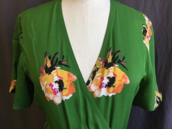 A.L.C., Green, Mustard Yellow, Orange, Pink, Black, Polyester, Floral, Sheer, Wrap-around V-neck, Short Sleeves,  with Self Detached BELT, 3/4 Length with Uneven Hem