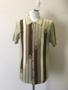 Mens, Polo Shirt, DA VINCI, Khaki Brown, Brown, Cream, Acrylic, Stripes, Geometric, M, Acrylic Knit. Vertical Stripe and Diamond Pattern Front, Solid Back, Button Front, Collar Attached, Short Sleeves, Multiples