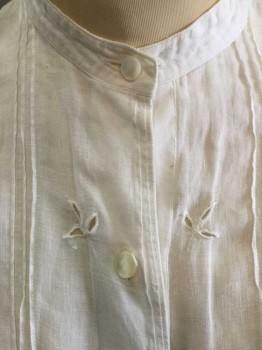 N/L, White, Cotton, Solid, Long Sleeve Button Front, Band Collar,  Alternating Stripes Of Triple Pintucks and White Leaf Embroidered Cut Out Details, Twill Ties At Center Back Waist**Mended At Back Of Collar,