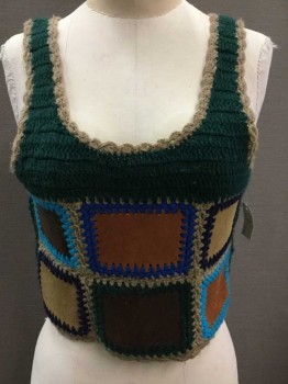 Womens, Top, N/L, Forest Green, Beige, Rust Orange, Turquoise Blue, Navy Blue, Acrylic, Leather, Color Blocking, L, Crochet Yarn, W/Leather Patchwork Panels, Sleeveless, U Neck, Cropped Length, Late 1960's Hippie, Double,