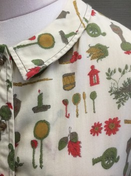 BRENTWOOD, Ecru, Olive Green, Red, Mustard Yellow, Cotton, Novelty Pattern, Ecru with Novelty Olive, Red, & Mustard Assorted Objects Pattern (Includes Ears of Corn, Spoons, Barrrels, Acorns, Etc.) Short Sleeves, Shirtwaist with Buttons at Center Front, Collar Attached, Pleated at Waist, Knee Length,