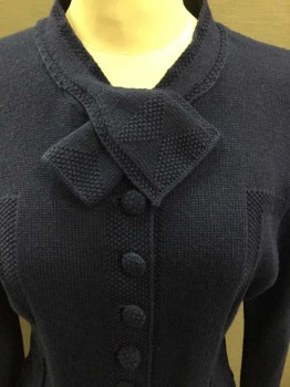 Womens, Sweater, N/L, Navy Blue, Wool, Solid, Knit, Long Sleeves, Self Fabric Covered Buttons, Self Ties At Neck, 2 Decorative Welt Pockets At Hips, Rectangular Decorative Knit Texture On Each Side, Made To Order Reproduction, Cardigan **Has a Double